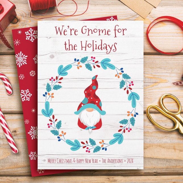 Tarjeta Festiva Elf Gnome para vacaciones Floral Wreath Rustic Cut (Subido por el creador)