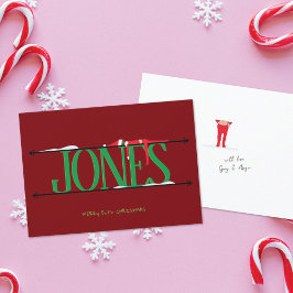 Tarjeta Festiva Elf Shenanigans Nombre Rótulo Navidades rojos y ve