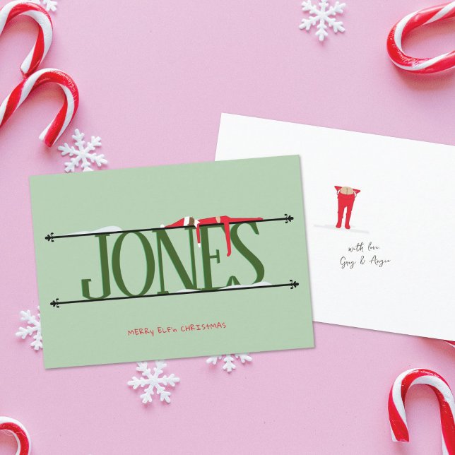 Tarjeta Festiva Elf Shenanigans Nombre Rótulo Navidades verdes (Subido por el creador)