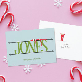 Tarjeta Festiva Elf Shenanigans Nombre Rótulo Navidades verdes y a