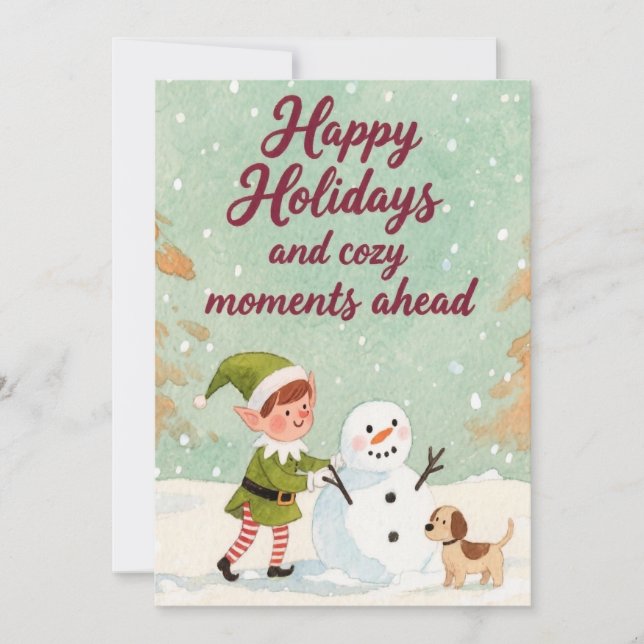 Tarjeta Festiva Elf Snowman, Navidades de mano (Anverso)