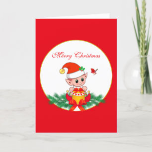 Tarjeta Festiva Elf y pájaro de Navidades cortos en rojo y blanco