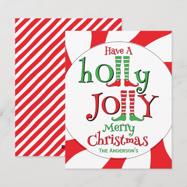 Tarjeta Festiva ¡Elfo de sobrecarga de dulces Holly Jolly Merry Ch (Anverso / Reverso)