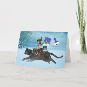 Tarjeta Festiva Elfo del bosque del solsticio de invierno en gato 
