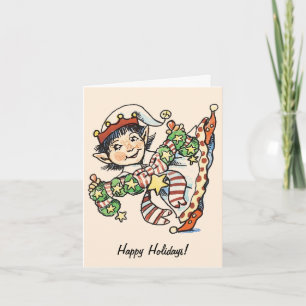 Tarjeta Festiva Elfo Feliz y Adorable Bailando, Dibujo Animado Ret