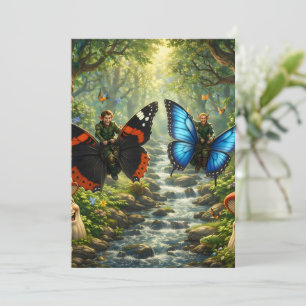 Tarjeta Festiva Elfos jinetes de mariposas, bosque encantado