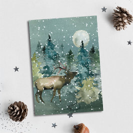 Tarjeta Festiva Elk in Forest Full Moon Snowfall Watercolor
