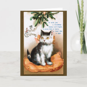 Tarjeta Festiva Ellen H. Clapsaddle: Gato bajo Mistletoe