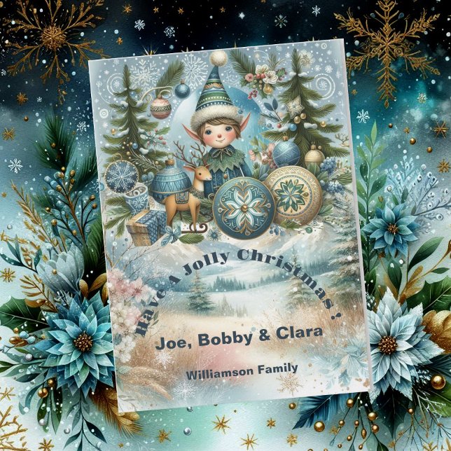 Tarjeta Festiva Elves aclaman copos de nieve, adornos, Navidades d (Elves Hail Snowflakes, Ornaments, Jolly Christmas Holiday Card)