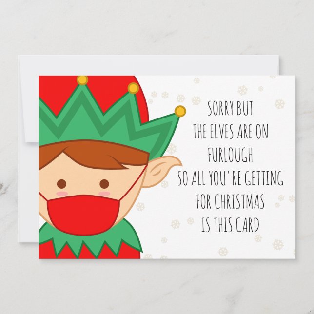 Tarjeta Festiva Elves divertidas en Furlough Happy Christmask Covi (Anverso)