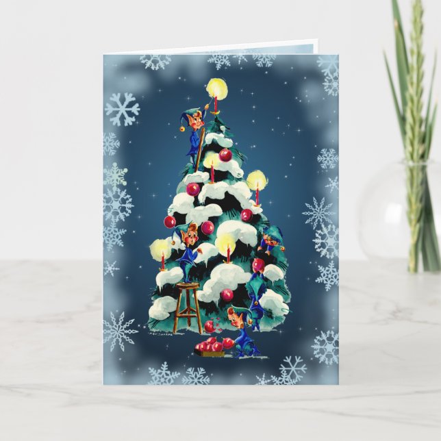 TARJETA FESTIVA ELVES TRIMMIENDO EL ÁRBOL Y LAS ESTRELLAS DE SHARO (Anverso)