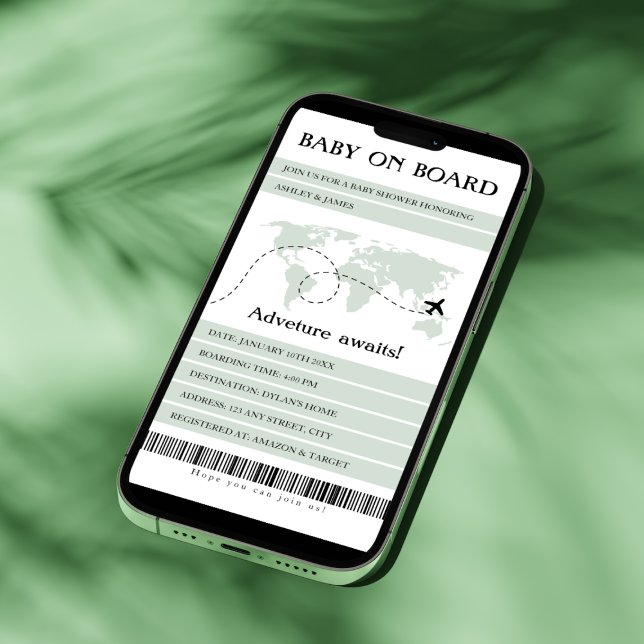 Tarjeta Festiva Embarque Pase Bebé A Bordo Viaje Baby Shower (baby on board travel baby shower invitation electronic boarding pass sage green world map)