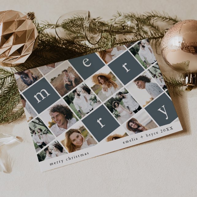 Tarjeta Festiva EMELIA Blue Modern Family Multi Photo Navidades (EMELIA Blue Modern Family Multi Photo Christmas Holiday Card)