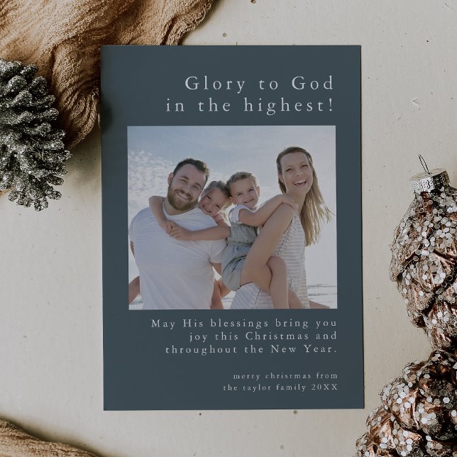 Tarjeta Festiva EMELIA Familia Azul Foto Dios Navidades cristianos (EMELIA Blue Family Photo God Christian Christmas Holiday Card)