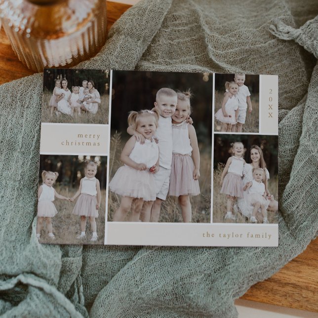 Tarjeta Festiva EMELIA Gold Cute Moderno Navidades multifotográfic (EMELIA Gold Cute Modern Multi Photo Christmas Holiday Card)