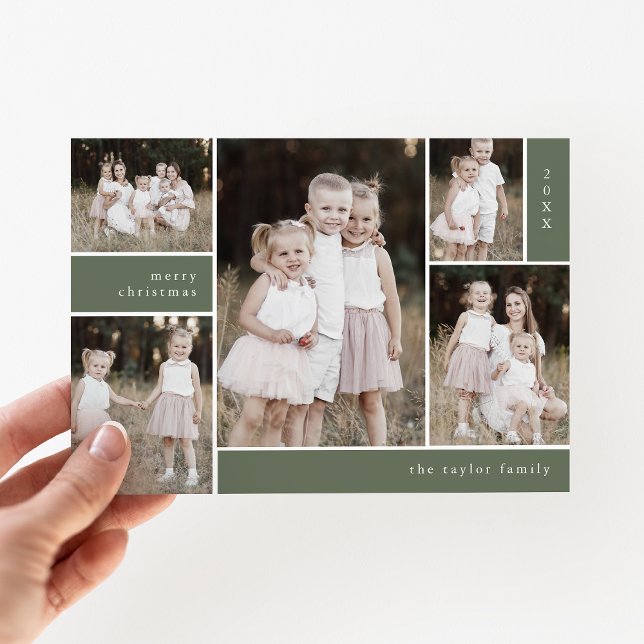 Tarjeta Festiva EMELIA Green Cute Modern Multi Photo Navidades (EMELIA Green Cute Modern Multi Photo Christmas Holiday Card)