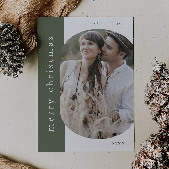 Tarjeta Festiva EMELIA Green Xmas Grey Photo Merry Christmas (EMELIA Green Xmas Greeting Photo Merry Christmas Holiday Card)