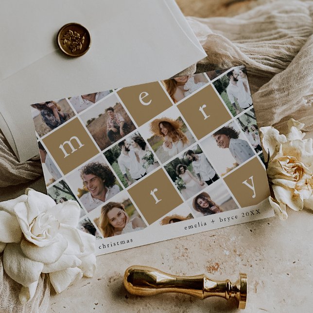 Tarjeta Festiva EMELIA Navidades multifoto de familia moderna de o (EMELIA Gold Modern Family Multi Photo Christmas Holiday Card)