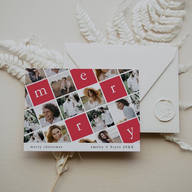 Tarjeta Festiva EMELIA Red Moderno Family Multi Photo Navidades (EMELIA Red Modern Family Multi Photo Christmas Holiday Card)
