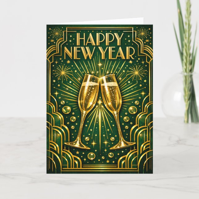 Tarjeta Festiva Emerald Gold Art Deco Champagne Celebration (Anverso)