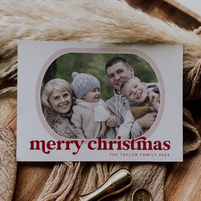 Tarjeta Festiva EMERY Red Pink Family Photo Simple Merry Christmas (EMERY Red Pink Family Photo Simple Merry Christmas Holiday Card)
