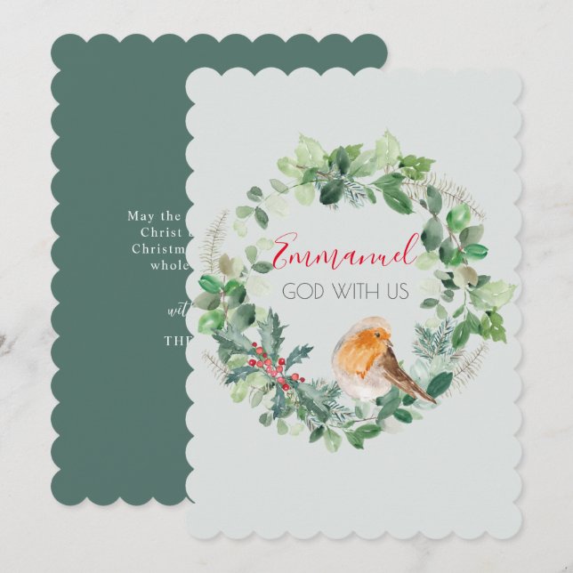 Tarjeta Festiva Emmanuel God with Uu Watercolor Wreath Navidades (Anverso / Reverso)