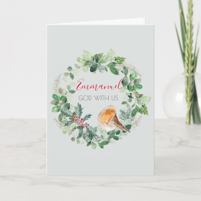 Tarjeta Festiva Emmanuel God with Uu Watercolor Wreath Navidades (Anverso)
