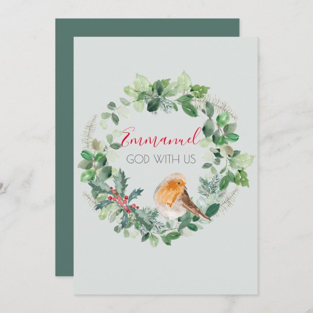 Tarjeta Festiva Emmanuel God with Uu Watercolor Wreath Navidades (Anverso / Reverso)
