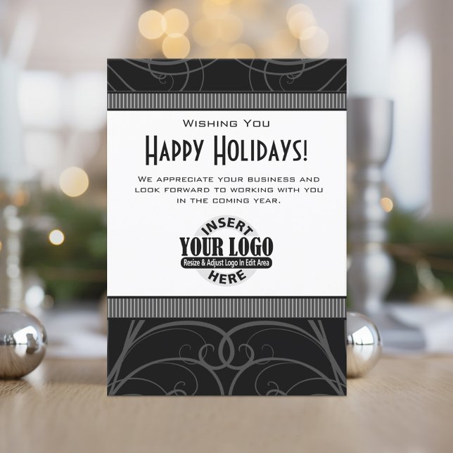 Tarjeta Festiva Empresa o oficina - logotipo - deco de arte blanco (Holiday Invitation for Business - Add Your Logo)