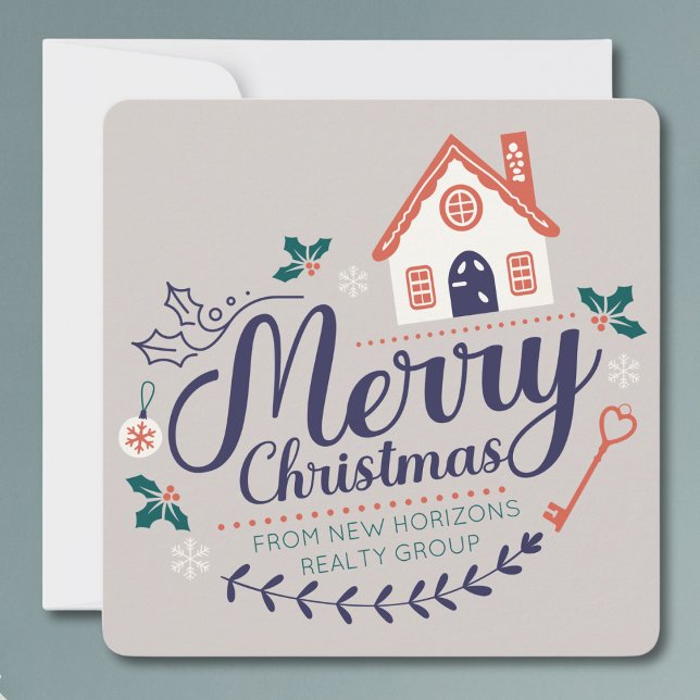Tarjeta Festiva Empresas inmobiliarias Navidades modernos promocio (Real Estate Agent Company Business Christmas Card modern wreath design with house elements custom)