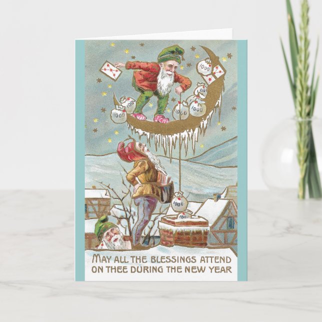 Tarjeta Festiva Enanos con sacos de oro de Año Nuevo (Anverso)