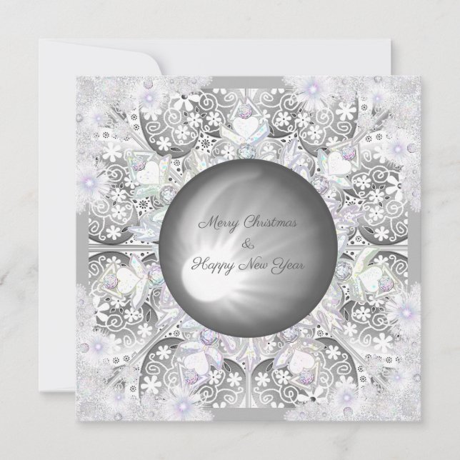 Tarjeta Festiva Encaje cerámico gris y copo de nieve (Anverso)