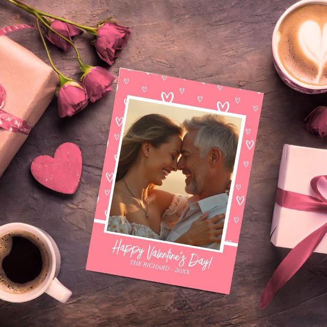 Tarjeta Festiva Encantador corazón rosa y blanco con foto Personal (Charming Pink and White Heart with Custom Photo Holiday Card)