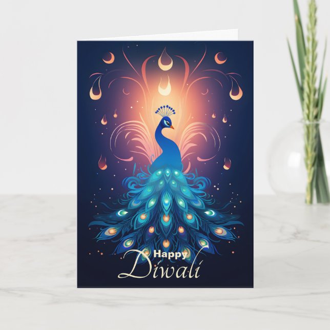 Tarjeta Festiva Encantador Diwali Delight con 🦚 de pavo real azul (Anverso)
