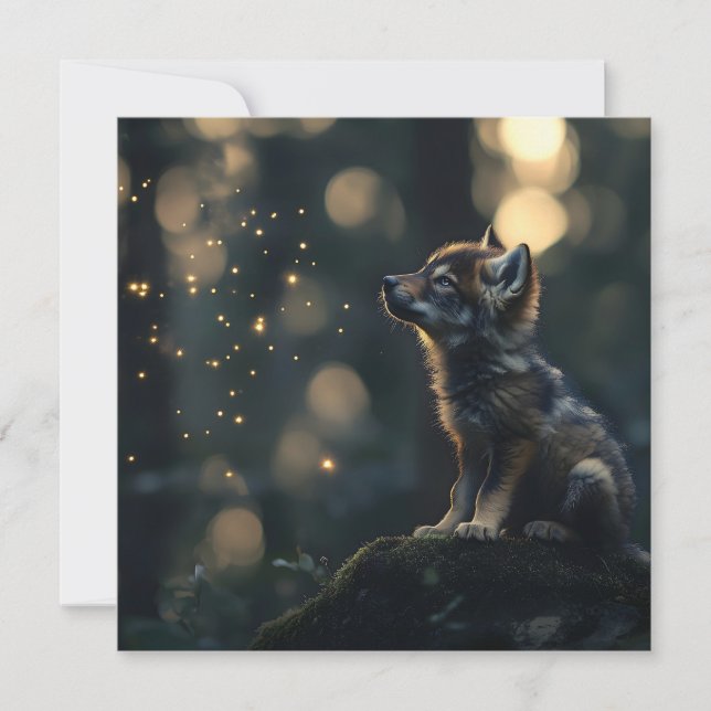 Tarjeta Festiva Encantador Lobo Lobo viendo las luciérnagas (Anverso)