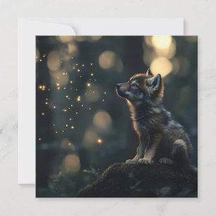 Tarjeta Festiva Encantador Lobo Lobo viendo las luciérnagas