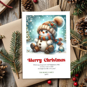 Tarjeta Festiva Encantador muñeco de nieve de dibujos animados dig