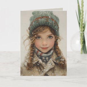Tarjeta Festiva Encantador retrato de invierno de una joven muchac