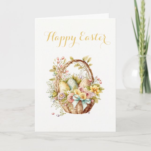 Tarjeta Festiva Encantadora canasta de huevos y flores Pascua (Anverso)