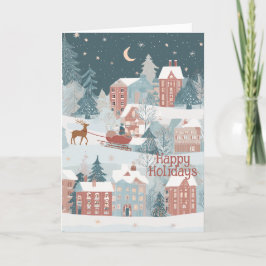 Tarjeta Festiva Encantadora Escena De Villa De Invierno En Acuarel