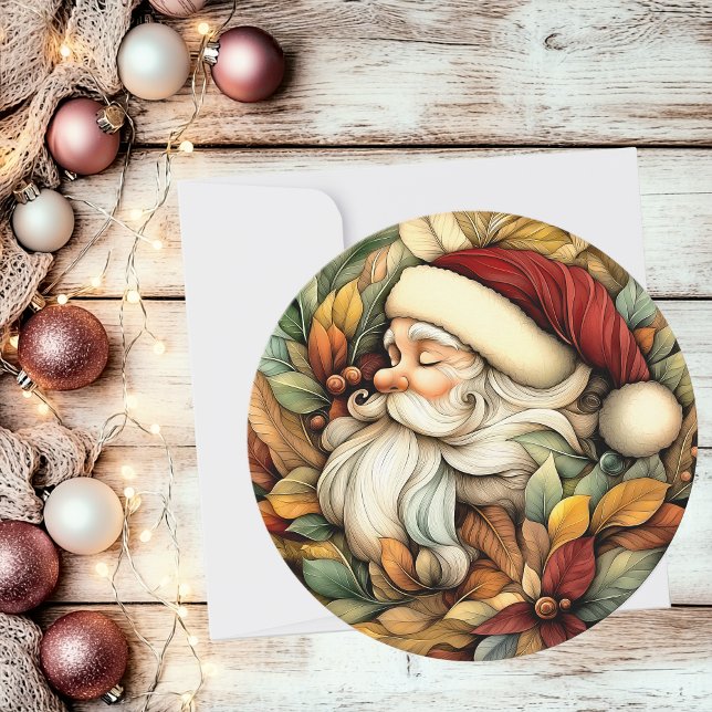 Tarjeta Festiva Encantadora ronda de Personalizable Santa Vieja (Charming Vintage Santa Customizable Round Holiday Card)