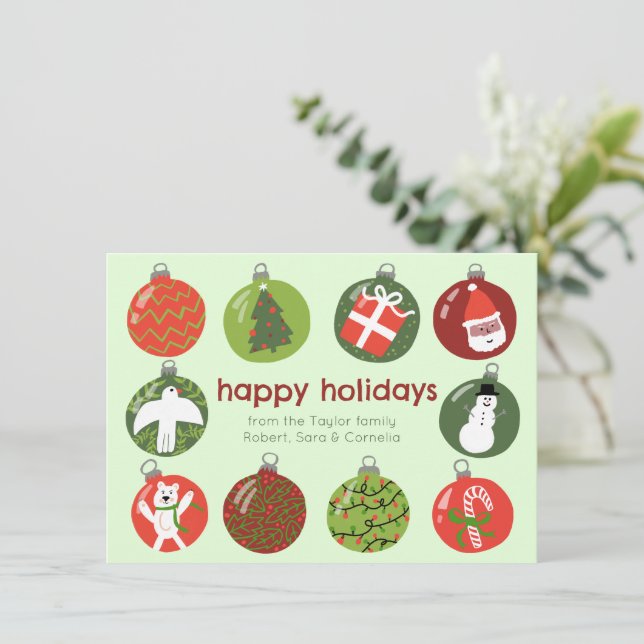 Tarjeta Festiva Encantadores adornos navideños PERSONALIZADO de Na (Anverso de pie)