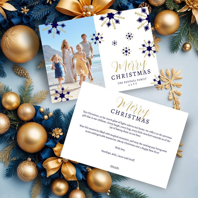 Tarjeta Festiva Enchanting Christmas Dark Blue & Gold Snowflakes  (Enchanting Dark Blue & Faux Gold Snowflakes Merry Christmas Holidays Cards with Family Photo. )
