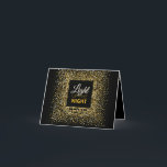 Tarjeta Festiva Enciende la noche elegante Purpurina de ORO Hanukk<br><div class="desc">Encienda las noches de este Chanukah y haga sonreír a los amigos y familiares con esta elegante tarjeta de felicitación de Chanukkah. El confetti dorado en NEGRO es el telón de fondo perfecto para este mensaje festivo de Hanukkah. Incluye la palabra hebrea "CHANUKAH" Haz de esta tarjeta la tuya propia...</div>