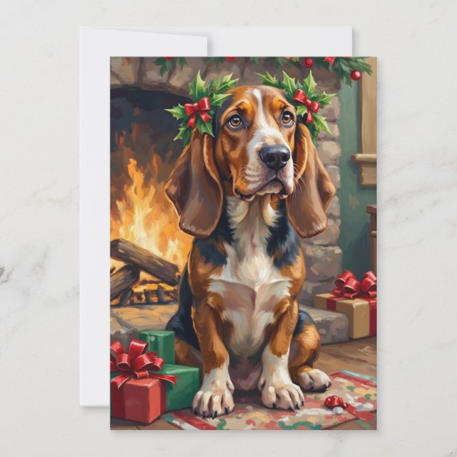 Tarjeta Festiva Endearing Basset Hound Dog with Christmas Wreath (Anverso)