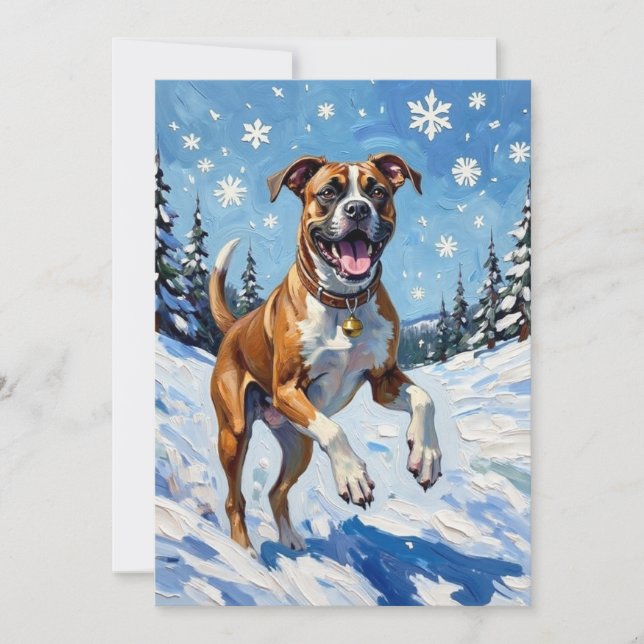 Tarjeta Festiva Energetic Boxer Dog Leaping in Winter Snow Fun (Anverso)