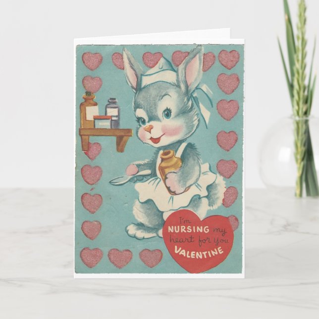Tarjeta Festiva Enfermera de Vintage Bunny Valentine (Anverso)