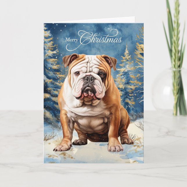 Tarjeta Festiva English Bulldog Pine Winter Forest Christmas (Anverso)