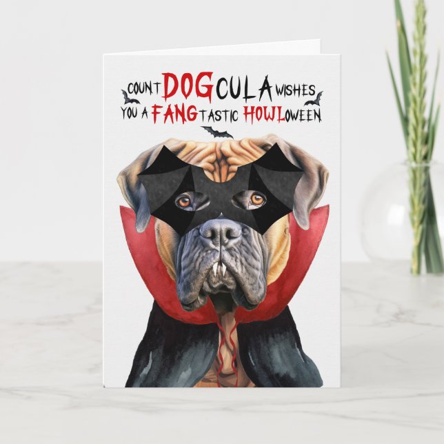 Tarjeta Festiva English Mastiff Dog Funny Count DOGcula Halloween (Anverso)