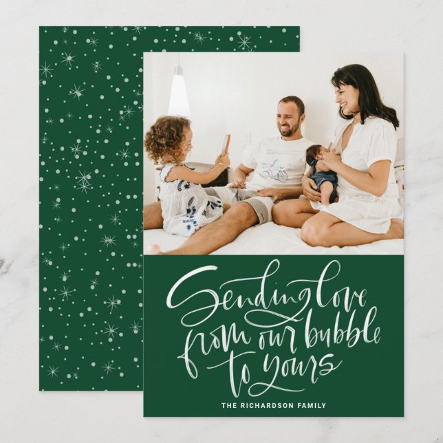 Tarjeta Festiva Enviando amor de nuestra burbuja a su foto verde (Anverso / Reverso)